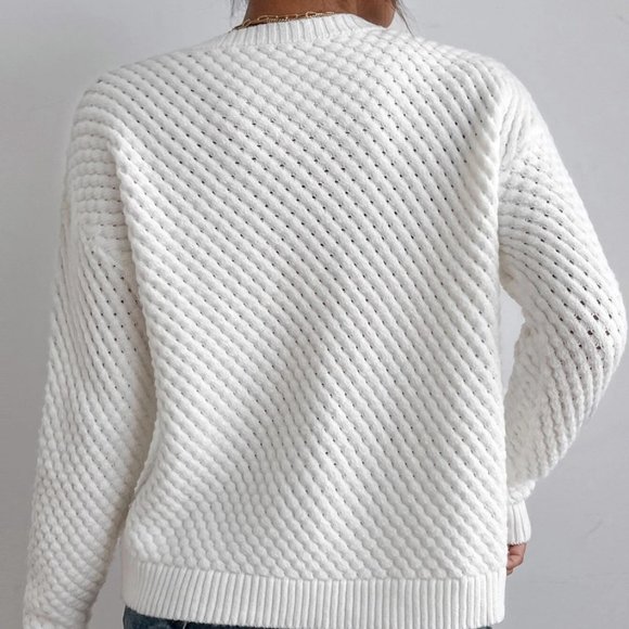 White Knit Drop Shoulder Round Neck Sweater - Picture 5 of 8